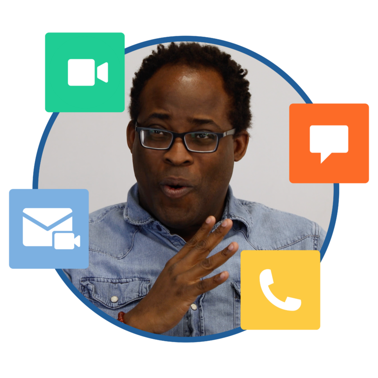 Man signing "cool" with four icons next to him for Video, Sign, Phone, and Text.
