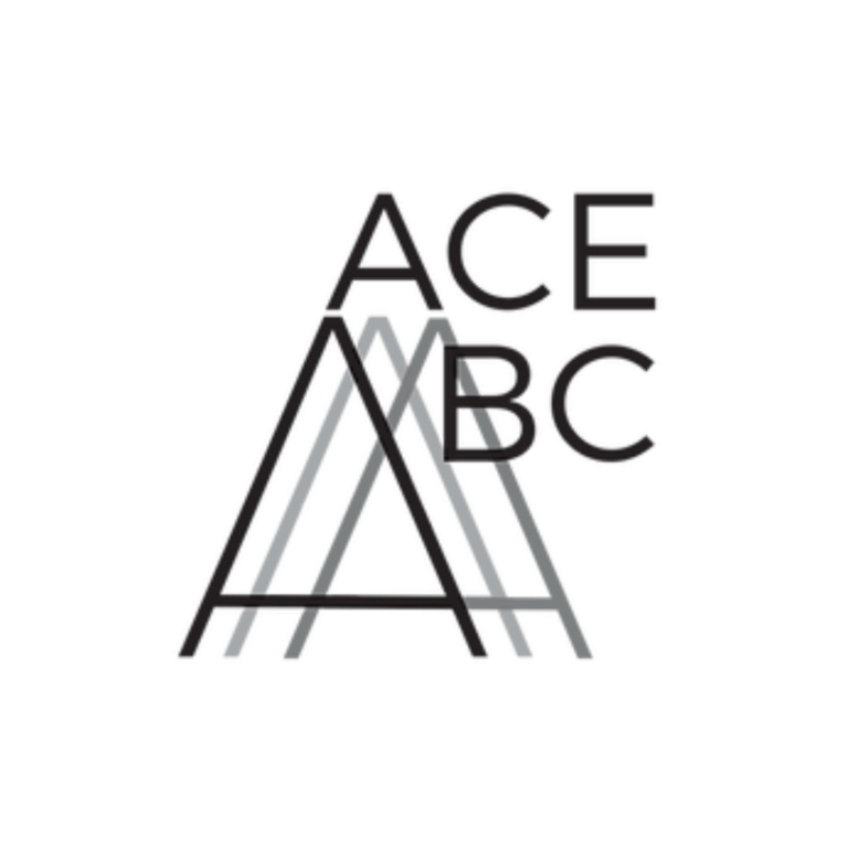 The logo for ACE-BC features the letters "ACE" stacked vertically on the right side, with "BC" beneath them in a modern, sans-serif font. To the left, a geometric design resembling a stylized "A" is formed by overlapping gray and black lines, giving the appearance of a structure or framework.